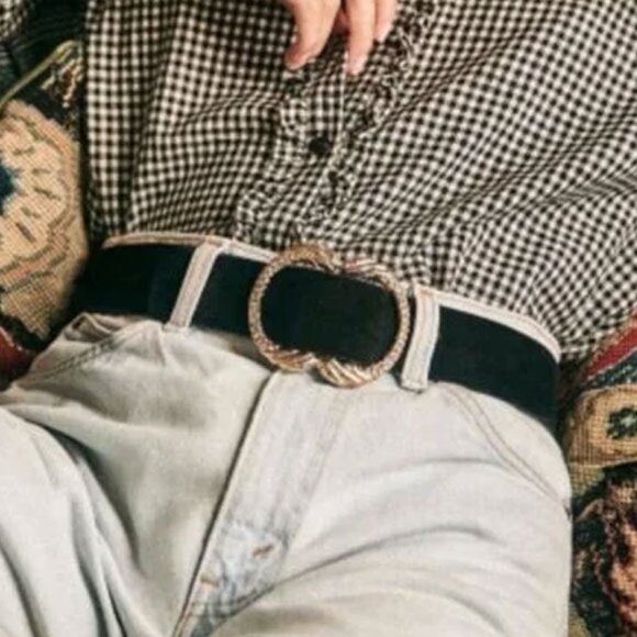 NWOT Sezane Artemis Suede Belt 80 36" Intense Black Gold Buckle Made In Italy - Picture 2 of 8